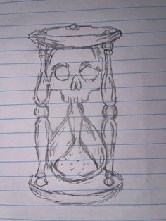 a drawing of a hourglass with a skull inside