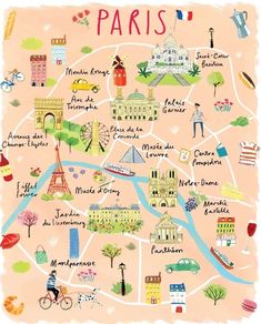 an illustrated map of paris with all the major attractions and places to go on it