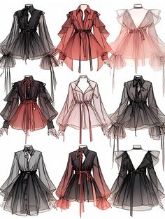 six different types of dresses with long sleeves and ties on them, all in various colors