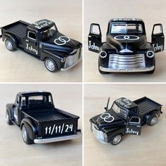 four different pictures of a toy truck with numbers on the front and back, in black