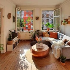 a living room filled with lots of furniture and plants on the windows sills