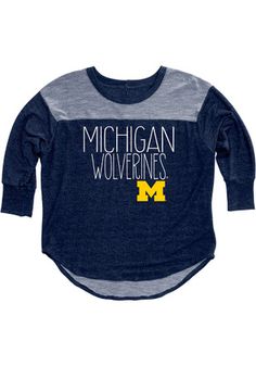 Michigan Womens Yoke Navy Blue T-Shirt Collegiate Fan Gear Tops For Winter, Varsity Winter Fan Gear Top, Collegiate Winter Tops For Fan Gear, Collegiate Style Winter Fan Gear Tops, Blue Varsity Top For Winter, Blue Winter Varsity Top, Navy Winter College Tops, Collegiate Style Blue Tops For Fall, Navy Winter College Top