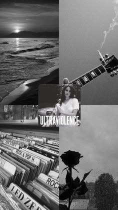 black and white collage with text overlaying images of the ocean, books, and an electric guitar