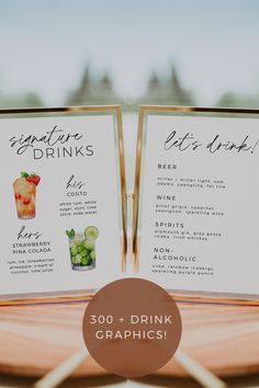 two menus with drinks on them sitting on top of a wooden table next to each other