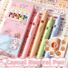 four pastel neutral pens are in a package with stickers on them and an ad for cute pet party