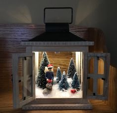 a lit up lantern with snow and trees inside