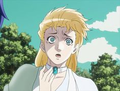 an anime character with blonde hair and blue eyes looks at the camera while standing in front of trees