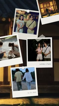 multiple photos of people walking in front of a building with the caption summer is here