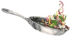 a watercolor painting of a pan filled with vegetables