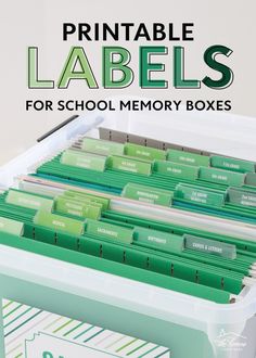 the printable labels for school memory boxes are organized in a clear plastic box with green file folders