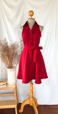 "*DHL shipping upgrade is available at check out process. Shipping part by DHL will take 3-6 days only. Production time may take around 2-3 weeks. If this is in rush you can convo us to make it sooner.:) *Cap sleeve option is available. Please check last image of cap Sleeve style* Shirt dress in red color. Perfect for both casual look and formal working look or for a party. There's side zipper and front button. Waist sash is included. The dress has lining at skirt. It's classy elegant design tha Christmas Clothing, Waist Sash, Modern Dress, Retro Modern, Style Shirt, Casual Look, Dress Summer, Dress Clothes For Women, Hip Length