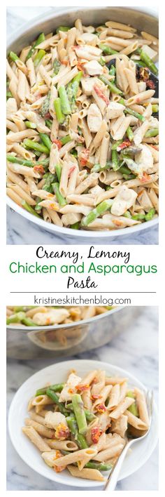 chicken and asparagus pasta in a skillet with text overlay that reads creamy lemony chicken and asparagus pasta