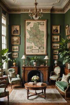 a living room with green walls and pictures on the wall