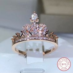 925 Silver Princess Crown Ring In Rose Gold With Simulated Stones. Size 7, 8 Rose Gold Quincea Crown, Promise Rings Princess Crown, Princess Crown Ring Pandora, Pandora Crown Ring Rose Gold, Princess Crown Wedding Rings, Repunzel Crown Ring, Rose Gold Crown Ring, Gold Crown Ring, Princess Crown Ring