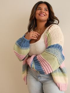 Camille Striped Chunky Knit Cardigan | Arula Beginner Crochet Cardigan, Bow Top Dress, Taylor Swift Dress, Hand Knit Cardigan, Plus Size Cardigan, Plus Size Fall Outfit, Warm Fabric, Yeah Yeah, Chunky Cable Knit