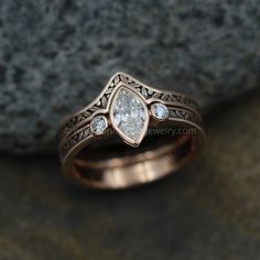 Diamond Rose Gold Hand Made Vintage Engagement Ring Set - Marquise Ring - Leaf Vintage Engagement Ring Settings, Engagement Rings Vintage, Ring Rosegold, Leaf Engagement Ring, Marquise Ring, Jewellery Vintage, Vintage Engagement Ring, Engagement Rings Marquise, Rings Vintage