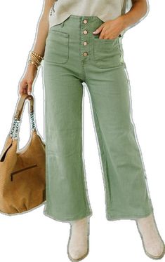 Fall Wide Leg Flare Jeans With Button Closure, Trendy Wide Leg Flare Jeans For Fall, Trendy Fall Bottoms With Button Zip Fly, Chic Non-stretch Jeans With Pockets, Casual Wide Leg Jeans With Button Closure, Relaxed Fit Wide-leg Jeans With Button Closure, Fall Mid-rise Wide Leg Pants With Button Closure, Non-stretch Solid Color Wide Leg Pants For Fall, Chic Green Cotton Jeans