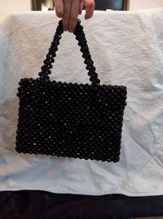 Italian Black Beaded Handbag Evening Rectangular Bags With Black Beads, Embellished Black Clutch Bag, Black Embellished Clutch Bag, Black Embellished Top Handle Bag, Black Beaded Square Shoulder Bag, Black Rectangular Evening Bag With Black Beads, Rectangular Bag With Black Beads As Fashion Accessory, Black Embellished Handheld Shoulder Bag, Black Beaded Rectangular Evening Bag