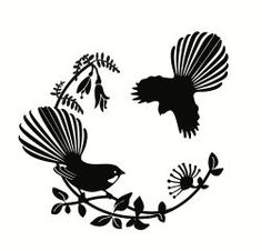 two birds sitting on top of a tree branch with leaves and branches around them, in the shape of a circle