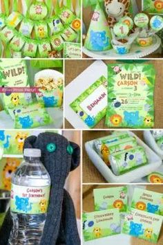 a collage of photos showing various items for a jungle birthday party