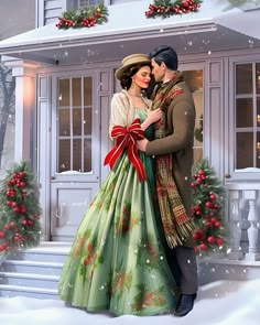 a painting of a man and woman in front of a house with christmas wreaths