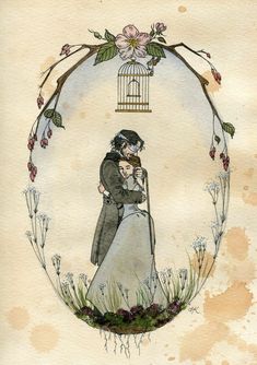 an illustration of a man and woman kissing in front of a birdcage with flowers