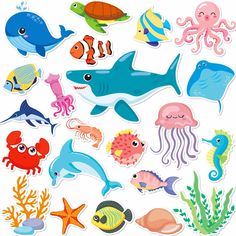 various sea animals and fish stickers on a white background