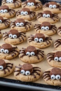 cookies decorated with chocolate spider eyes and googly eyes