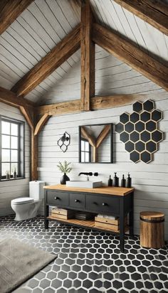 a black and white bathroom with wood accents on the walls, an open - air toilet and vanity