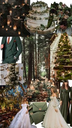 a collage of wedding photos with candles and trees