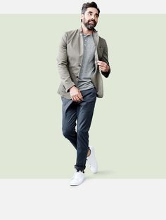 Deconstructed Chino Blazer 29.99 Quetzal is 6’1 Leather Sneakers Outfit, White Leather Sneakers, Latest Mens Fashion, Mens Casual Outfits, Casual Summer Outfits, Mens Fashion Casual, Minimalist Fashion