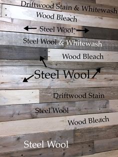 the names of different types of wood and whitewash on a wooden pallet wall