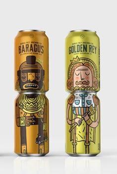 two cans of beer, one with an image of a man and woman