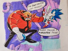 a drawing of sonic the hedgehog talking to an angry cat in front of him