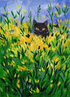 a painting of a black cat in a field of yellow flowers