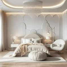 an elegant bedroom with white furniture and chandelier