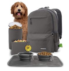 a dog is standing next to his food and water bowls with the backpack on it