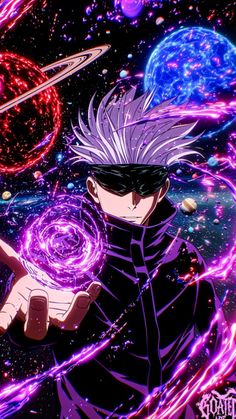 an anime character with purple hair and black eyes pointing to the stars in front of him