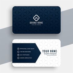 two business cards with blue and white shapes on them, one is for an interior designer