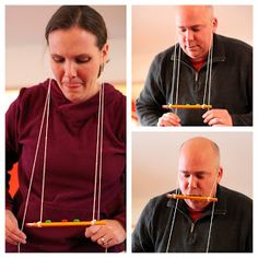 four photos of a man and woman playing with toothpicks