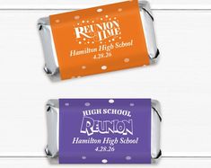 two purple and orange candy bars with the words run on time written in white lettering