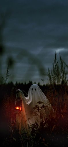 a ghost is in the middle of a field at night with its head turned to light up