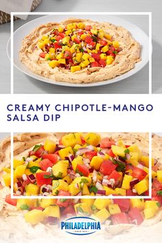 the recipe for creamy chipotle - mango salsa dip is shown in three different pictures