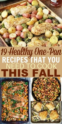 different types of food in pans with text overlay that reads 19 healthy one pan recipes that you need to cook this fall