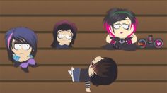 three cartoon characters sitting on top of a wooden bench next to each other with different colored hair