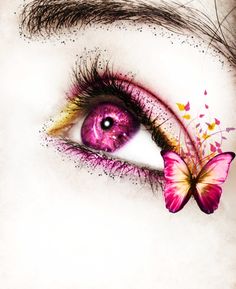 a woman's eye with pink and yellow butterflies on her irise, as well as a butterfly