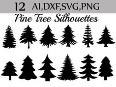 12 pine tree silhouettes in black and white