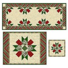 two quilted placemats with red and green designs on the sides, one has a