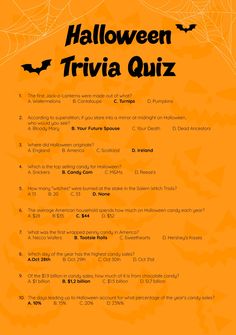 an orange halloween trivia quiz with bats and spider webs on the bottom right corner