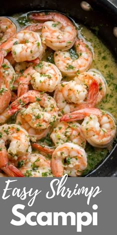 a skillet filled with shrimp and sauce